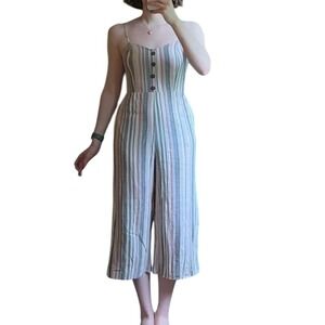 Justify Striped Linen Blend Jumpsuit Womens Large Earth Tone Wide Leg Boho L